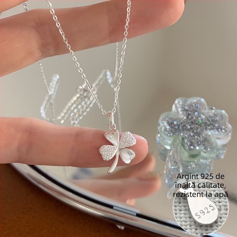 Colier pentru femei cu trifoi cu patru foi din argint Sterling și zirconiu, stil japonez-coreean, primăvara 2025 (Material: Argint Sterling; Stil: Japonez-Coreean; An/Sezonă: Primăvara 2025)