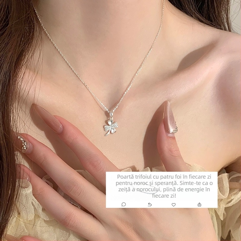 Colier pentru femei cu trifoi cu patru foi din argint Sterling și zirconiu, stil japonez-coreean, primăvara 2025 (Material: Argint Sterling; Stil: Japonez-Coreean; An/Sezonă: Primăvara 2025)