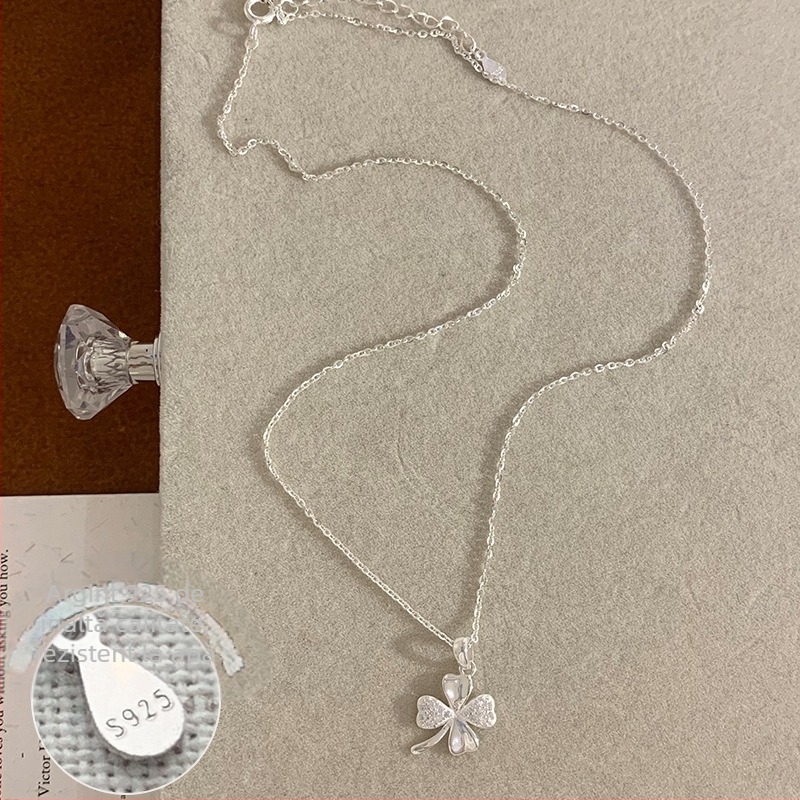 Colier pentru femei cu trifoi cu patru foi din argint Sterling și zirconiu, stil japonez-coreean, primăvara 2025 (Material: Argint Sterling; Stil: Japonez-Coreean; An/Sezonă: Primăvara 2025)