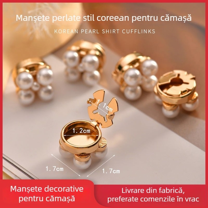 Set coreean cu nasturi de manșetă din perlă și clips pentru guler – accesorii decorative pentru cămașă la cină sau la nuntă