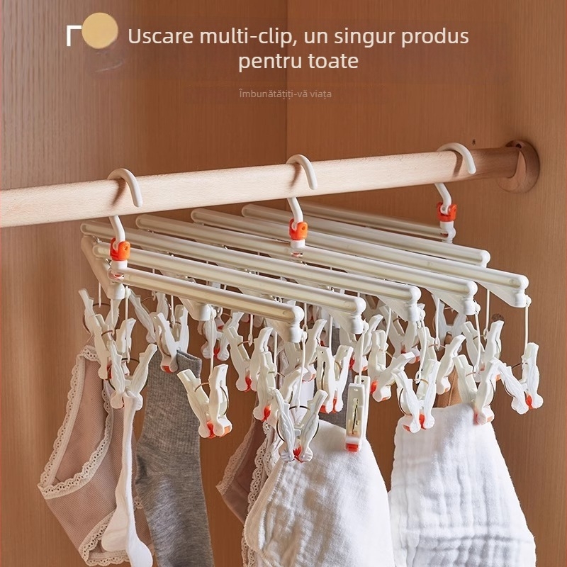 Uscător telescopic pliabil pentru haine cu 16 clipsuri – plastic, design pătrat modern, pentru șosete și haine