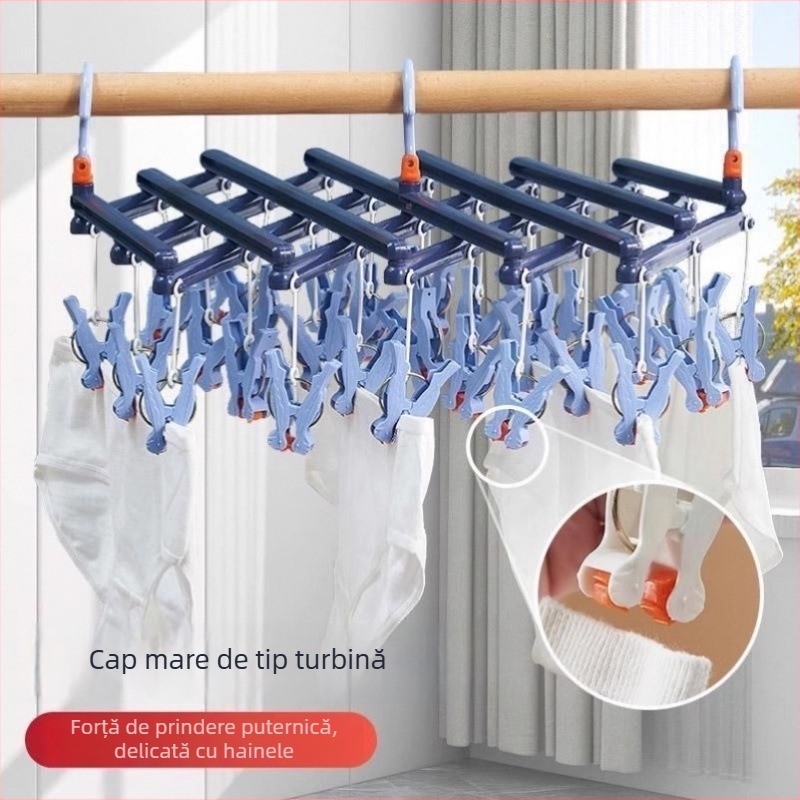 Uscător telescopic pliabil pentru haine cu 16 clipsuri – plastic, design pătrat modern, pentru șosete și haine