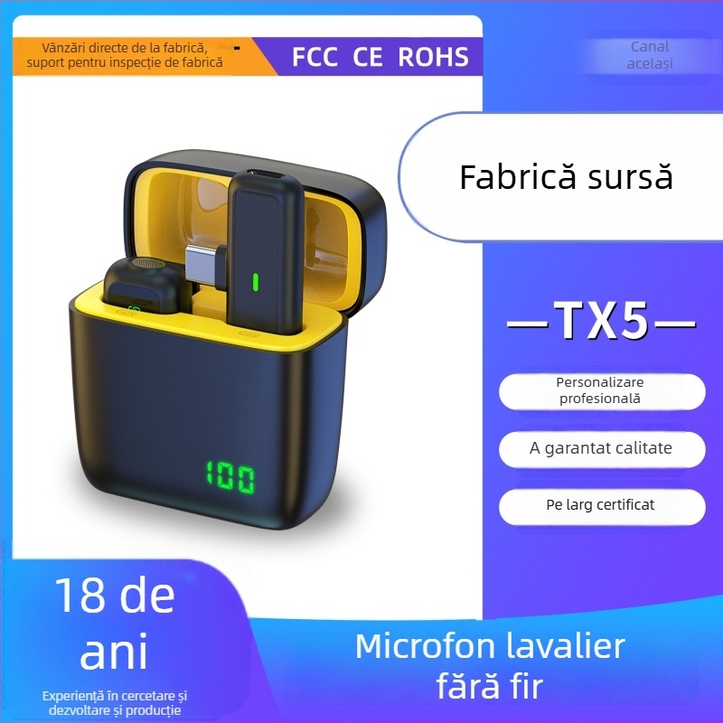 Microfon Lavalier TX5 cu Afișaj Digital, Difuzare Live/Înregistrare Dual-Channel, Reducere zgomot, Omnidirectional