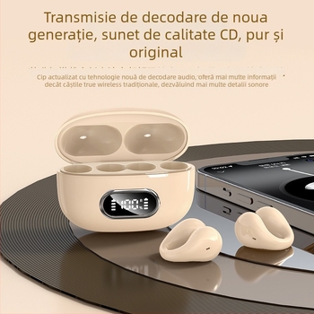 Căști cu clips pentru urechi, adevărate wireless, cu afișaj digital și carcasă de încărcare – Bluetooth 5.3, rază 10 m, stereo binaural