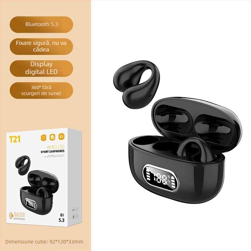 Căști cu clips pentru urechi, adevărate wireless, cu afișaj digital și carcasă de încărcare – Bluetooth 5.3, rază 10 m, stereo binaural