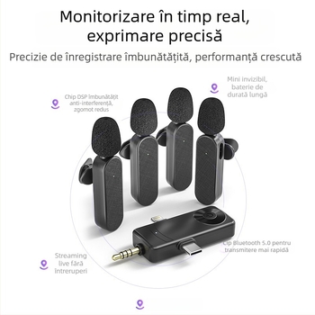 Mikrofon Lavalier Wireless H18 1–4, interfață 3–în–1 pentru streaming live și filmări cu telefonul, reducere zgomot, Bluetooth 5.3, baterie încorporată 500–800 mAh