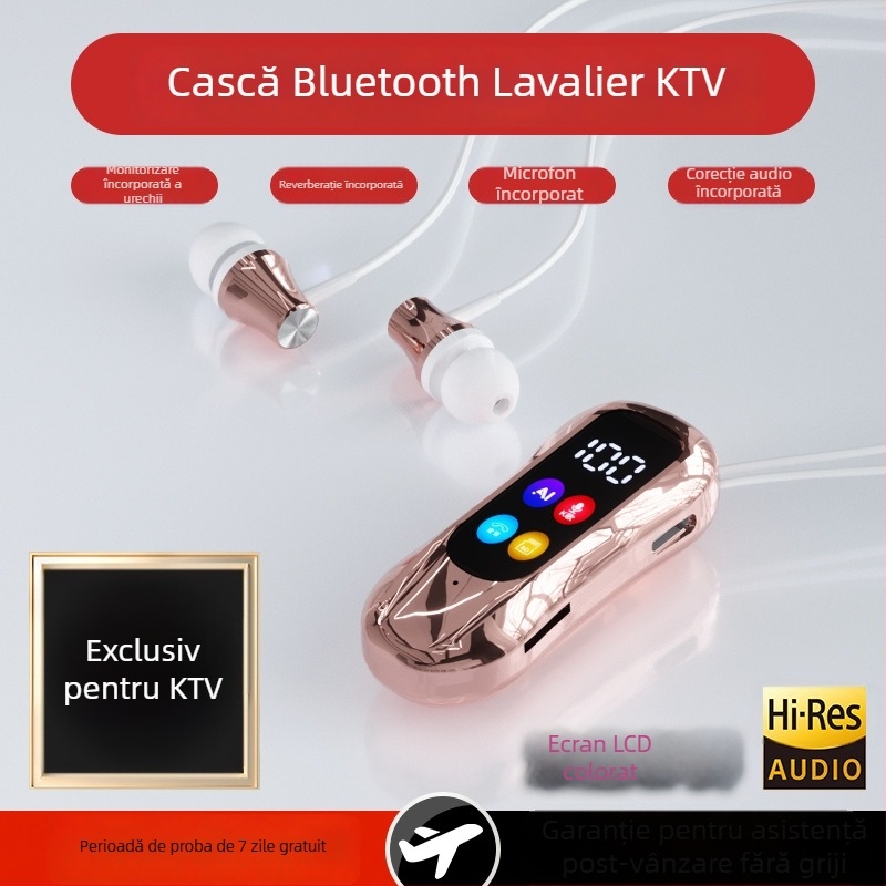 Karaoke Lavalier Bluetooth căști cu clips de ureche — Bluetooth 6.0, conectare duală, suport card memorie, reverberare și reducere zgomot