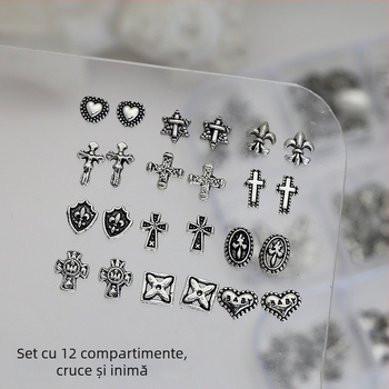 Decorațiuni pentru unghii: Model Cruce și Inimă, Cruce din aliaj metalic cu accente diamantate, Cutie cu 12 compartimente