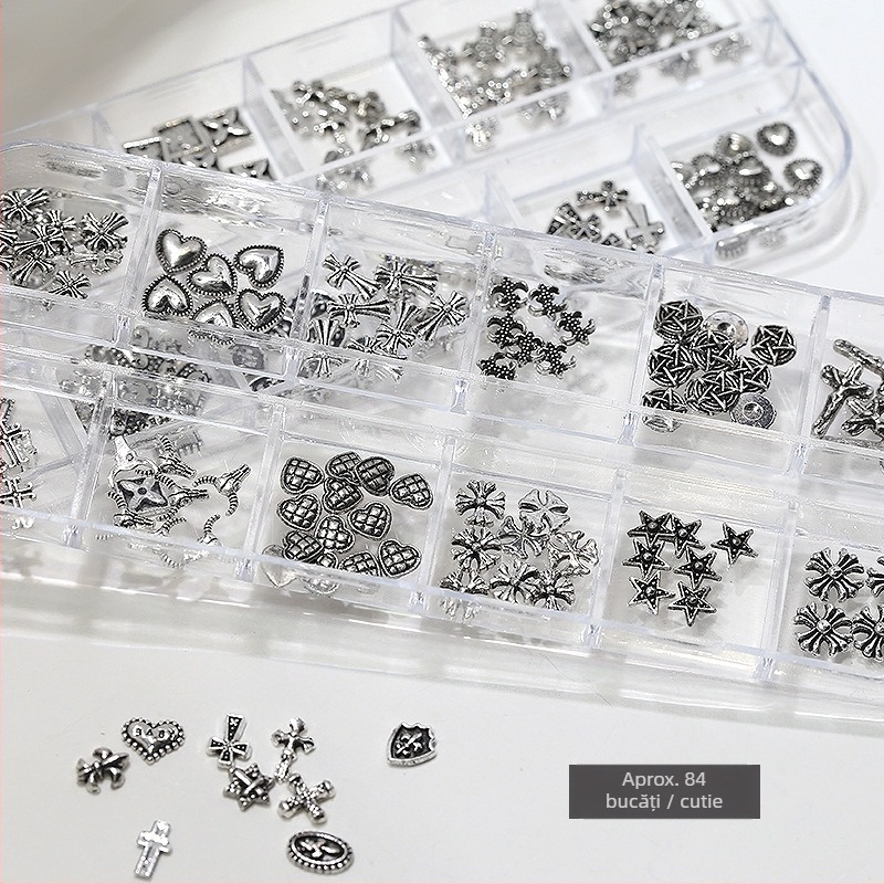 Decorațiuni pentru unghii: Model Cruce și Inimă, Cruce din aliaj metalic cu accente diamantate, Cutie cu 12 compartimente