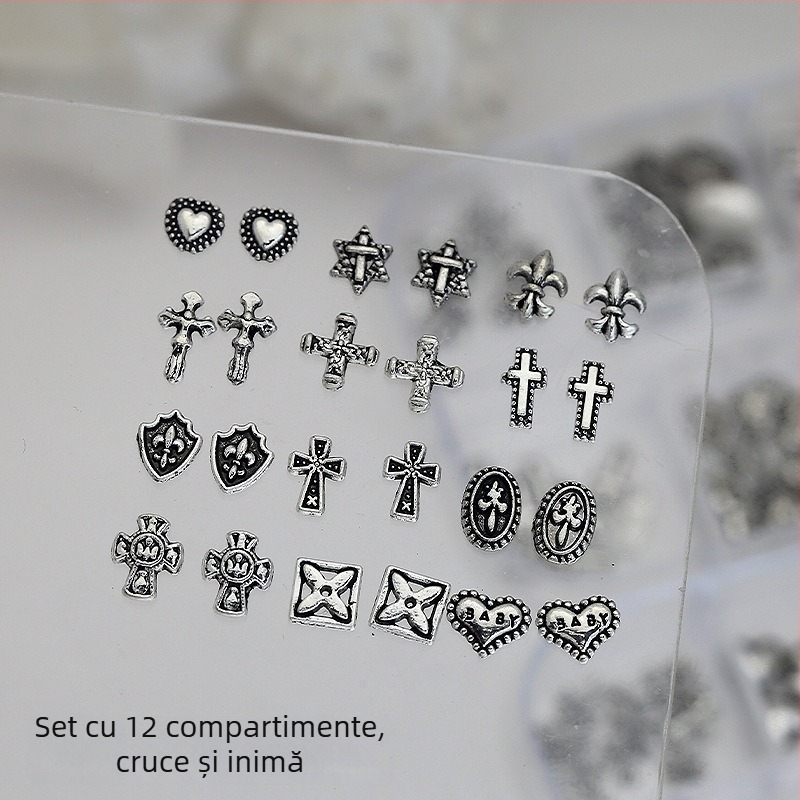 Decorațiuni pentru unghii: Model Cruce și Inimă, Cruce din aliaj metalic cu accente diamantate, Cutie cu 12 compartimente