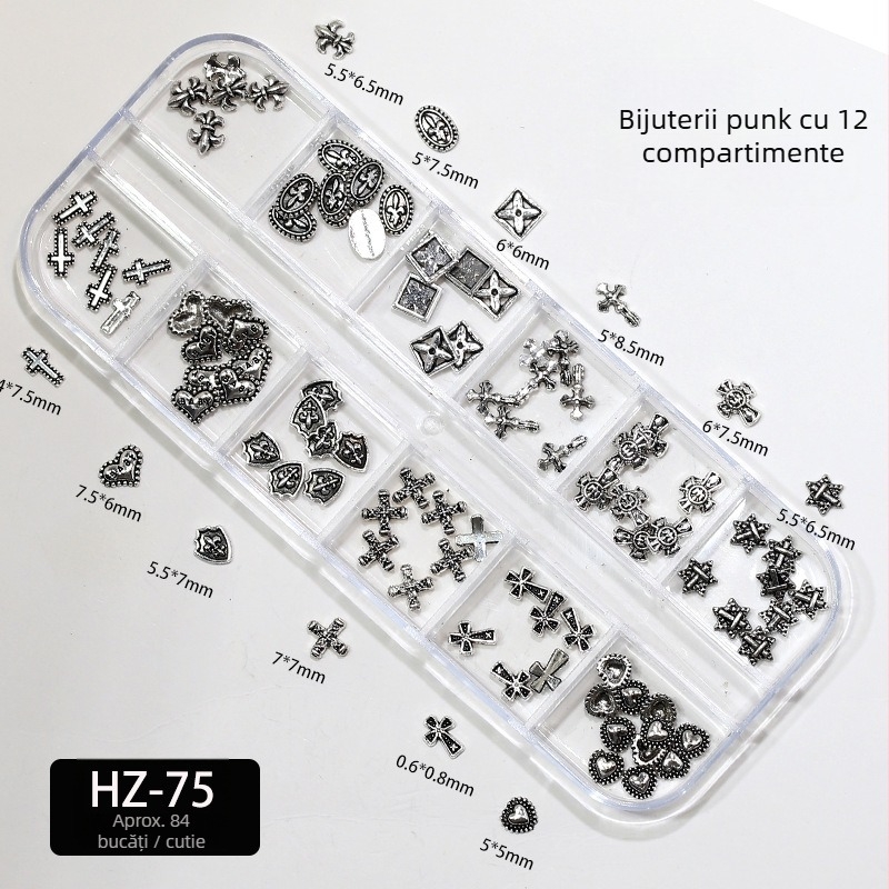 Decorațiuni pentru unghii: Model Cruce și Inimă, Cruce din aliaj metalic cu accente diamantate, Cutie cu 12 compartimente