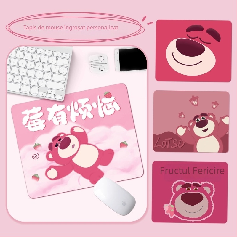 Pad de mouse Strawberry Bear - Antiderapant, Cauciuc natural, cu o singură față, imprimare prin transfer termic, personalizabil cu imagini