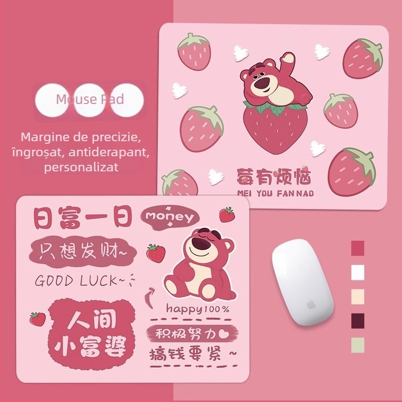Pad de mouse Strawberry Bear - Antiderapant, Cauciuc natural, cu o singură față, imprimare prin transfer termic, personalizabil cu imagini
