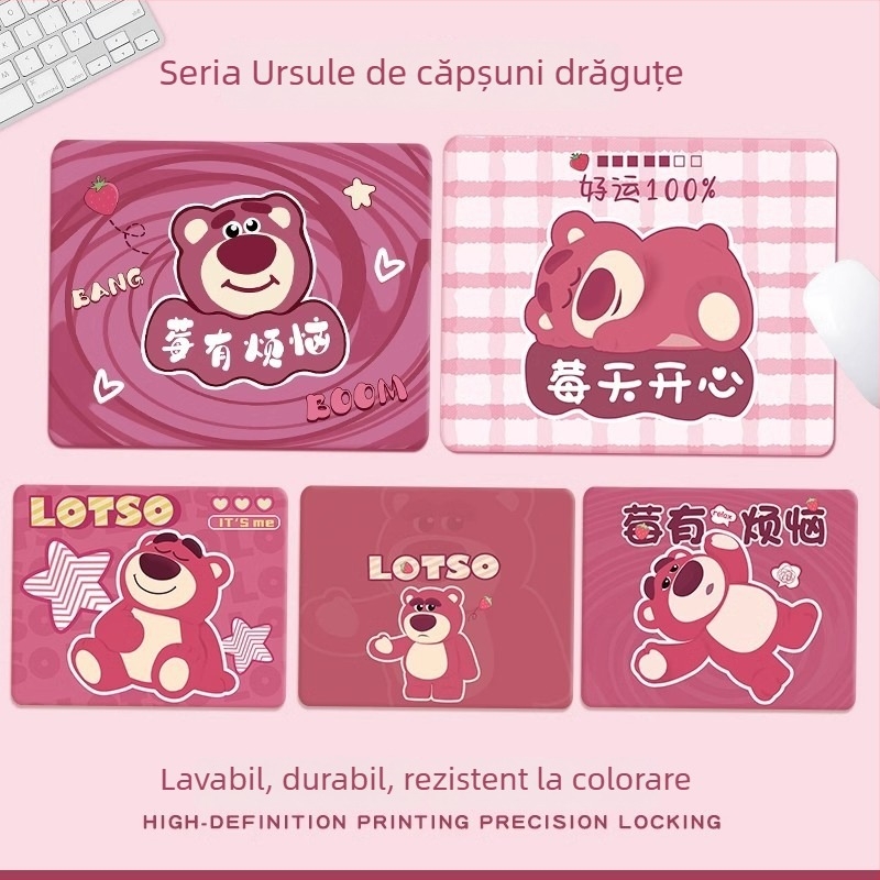 Pad de mouse Strawberry Bear - Antiderapant, Cauciuc natural, cu o singură față, imprimare prin transfer termic, personalizabil cu imagini