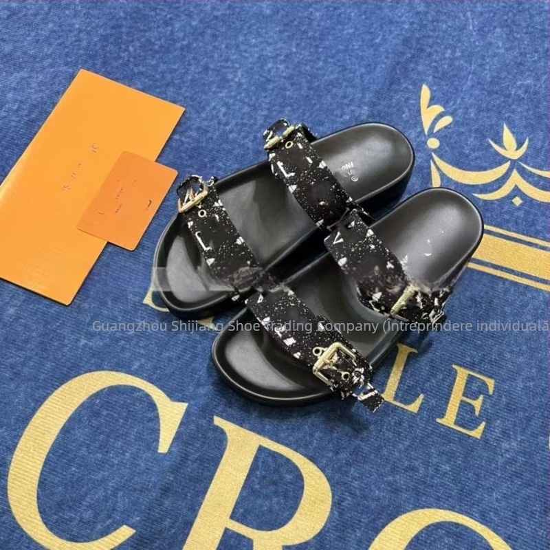 Flip-flops unisex pentru adulți, partea superioară din piele microfibră, talpă din cauciuc, închidere cu un clic