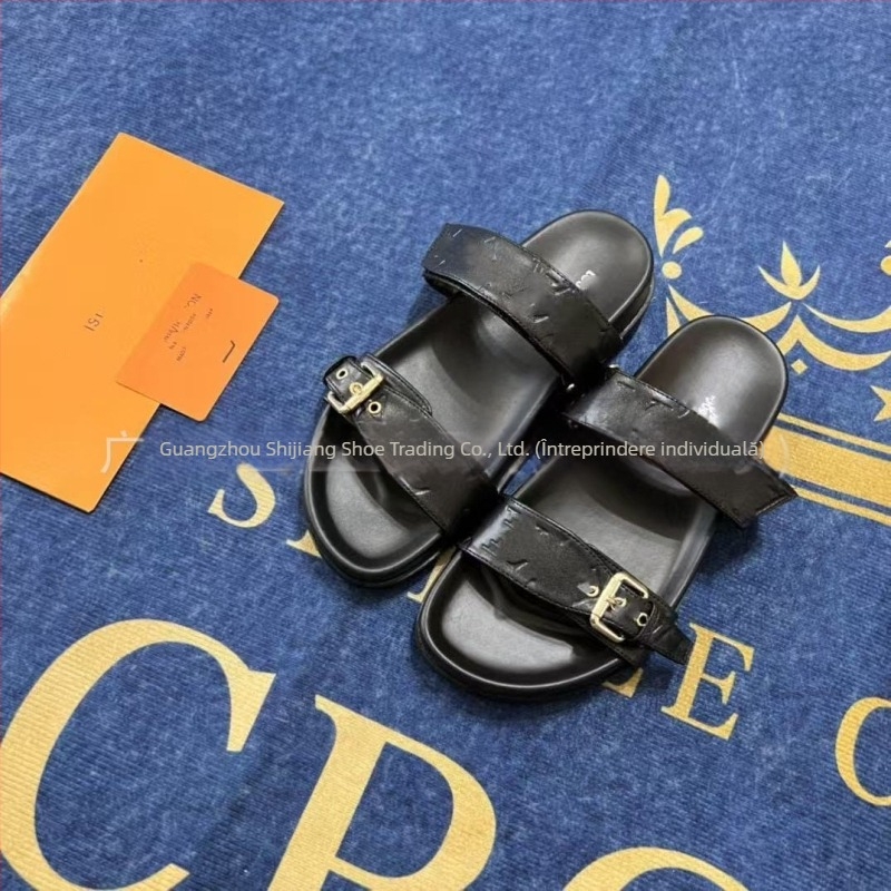 Flip-flops unisex pentru adulți, partea superioară din piele microfibră, talpă din cauciuc, închidere cu un clic
