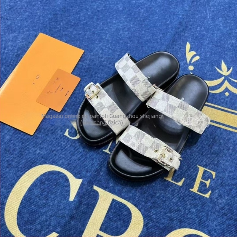 Flip-flops unisex pentru adulți, partea superioară din piele microfibră, talpă din cauciuc, închidere cu un clic