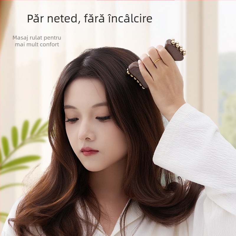 Instrument de masaj facial din lemn masiv, cu mărgele aurii și perie Meridian - lifting facial și definirea liniei maxilarului