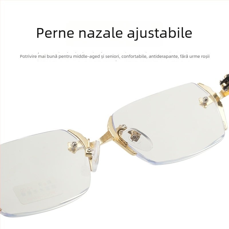 Ochelari de citit pentru bărbați, fără ramă, lentile din rășină cu protecție anti-lumina albastră, cadru metalic pătrat, margini tăiate cu diamant, Primăvara 2024