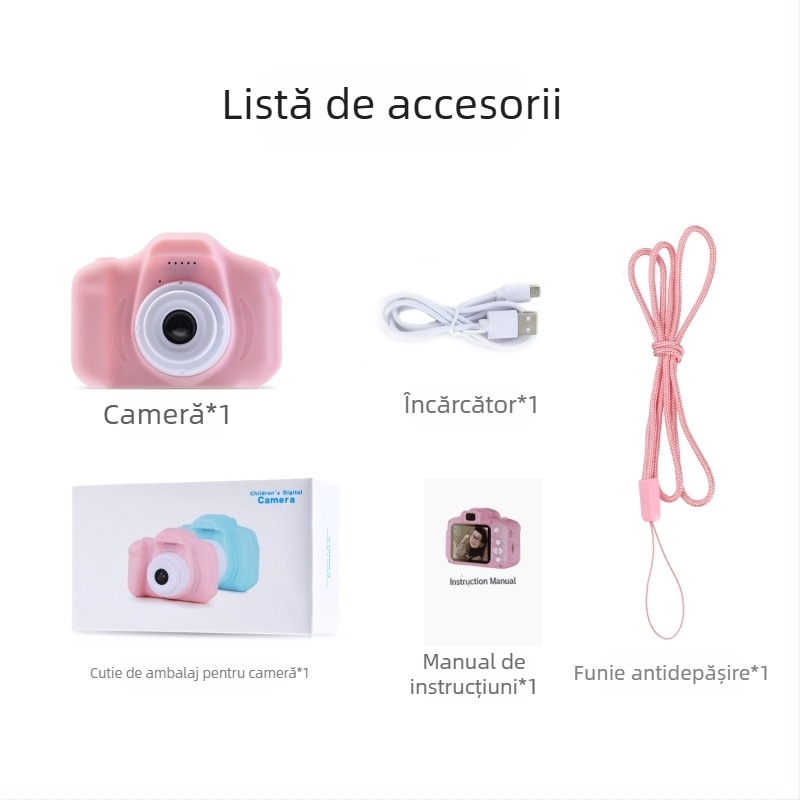 Cameră digitală pentru copii X2 – ecran LCD de 2 inch, 1–5 MP, stocare TF Card, autonomie baterie 1–3 ore, carcasă ABS+PC