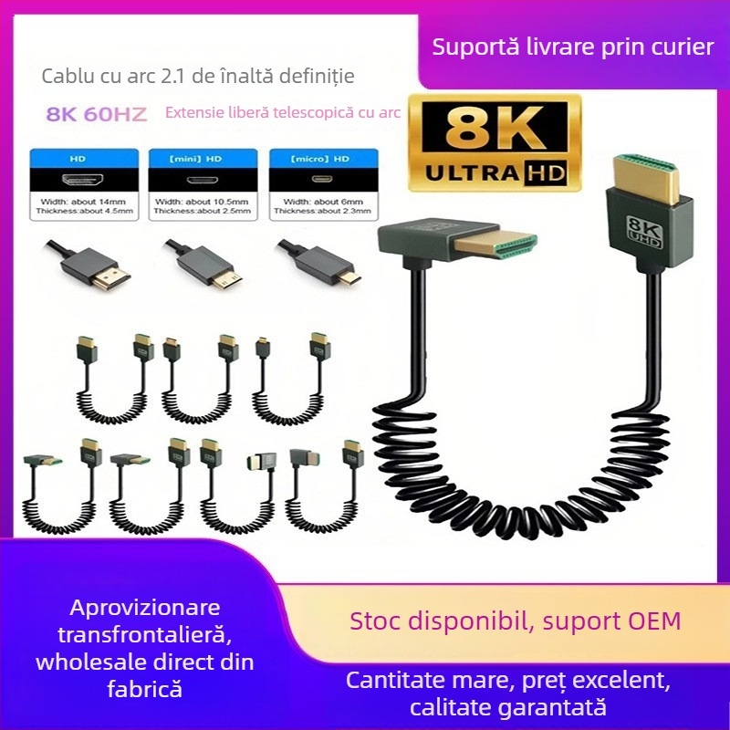 Cablu HDMI 2.1 ultra-subțire, telescopic, cu conector lateral în unghi, 1 m, suport 8K60Hz