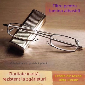 Ochelari de citit cu protecție împotriva luminii albastre și UV, lentile din cristal, ramă metalică integrală, pliabili, portabili