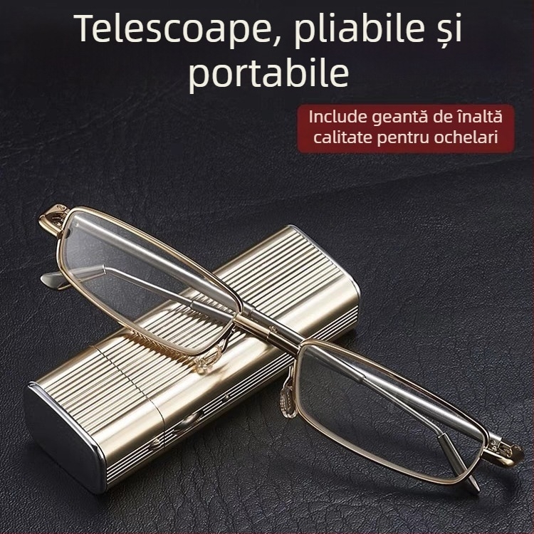 Ochelari de citit cu protecție împotriva luminii albastre și UV, lentile din cristal, ramă metalică integrală, pliabili, portabili