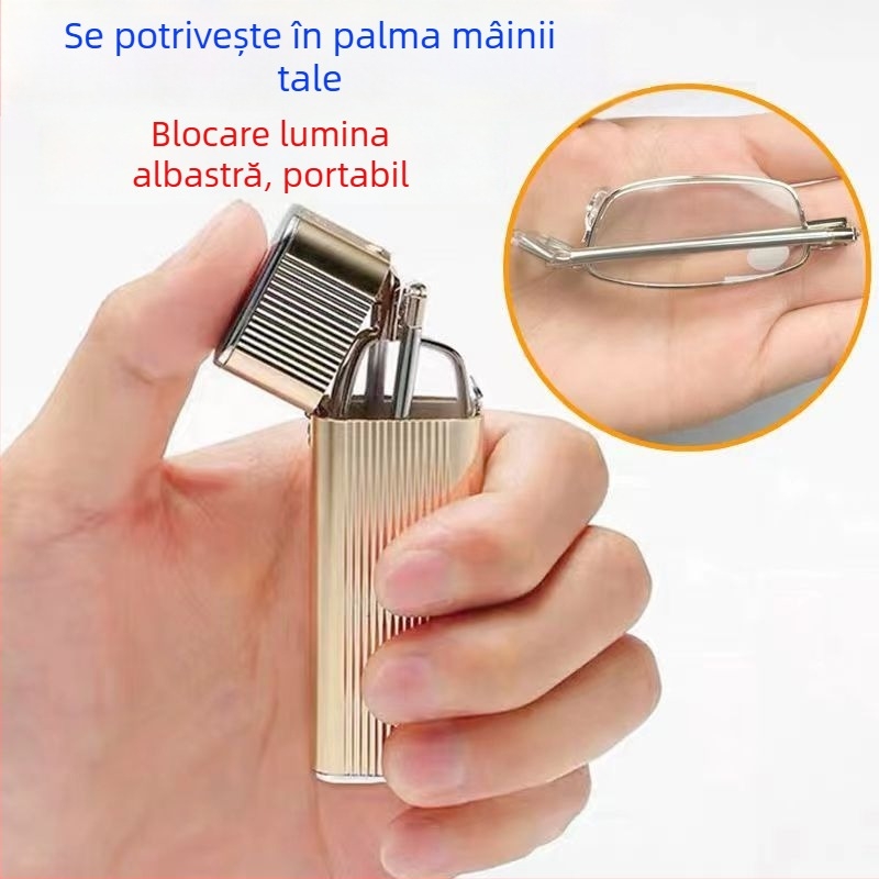 Ochelari de citit cu protecție împotriva luminii albastre și UV, lentile din cristal, ramă metalică integrală, pliabili, portabili