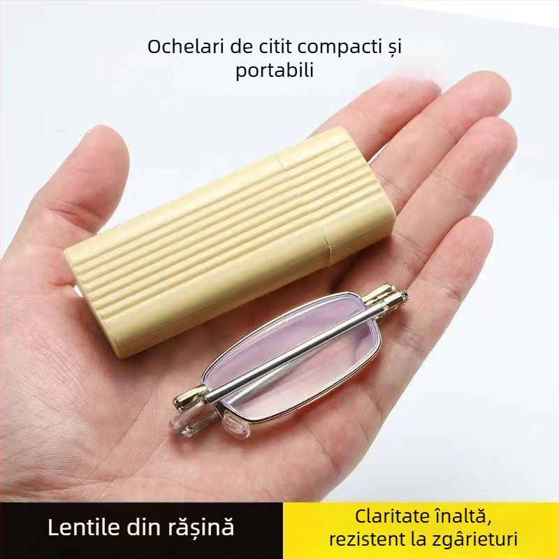 Ochelari de citit cu protecție împotriva luminii albastre și UV, lentile din cristal, ramă metalică integrală, pliabili, portabili