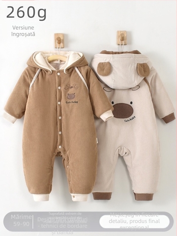 Salopetă Corduroy groasă cu glugă detașabilă pentru nou-născuți 0–12 luni, iarnă