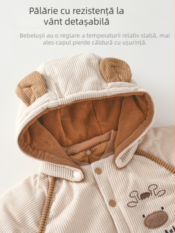 Salopetă Corduroy groasă cu glugă detașabilă pentru nou-născuți 0–12 luni, iarnă