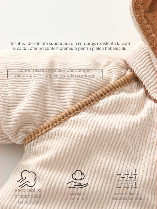 Salopetă Corduroy groasă cu glugă detașabilă pentru nou-născuți 0–12 luni, iarnă