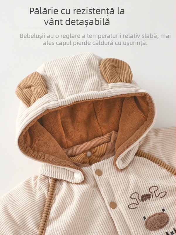 Salopetă Corduroy groasă cu glugă detașabilă pentru nou-născuți 0–12 luni, iarnă