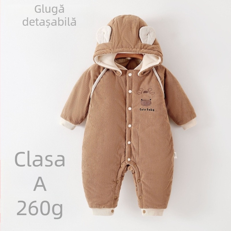Salopetă Corduroy groasă cu glugă detașabilă pentru nou-născuți 0–12 luni, iarnă