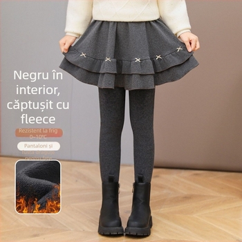 Pantaloni-fustă pentru fetițe, cu fleece, pentru iarnă, design dublu imitativ, material bumbac, talie elastică medie