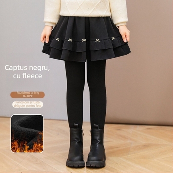 Pantaloni-fustă pentru fetițe, cu fleece, pentru iarnă, design dublu imitativ, material bumbac, talie elastică medie