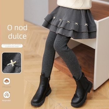 Pantaloni-fustă pentru fetițe, cu fleece, pentru iarnă, design dublu imitativ, material bumbac, talie elastică medie