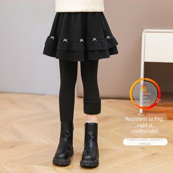 Pantaloni-fustă pentru fetițe, cu fleece, pentru iarnă, design dublu imitativ, material bumbac, talie elastică medie