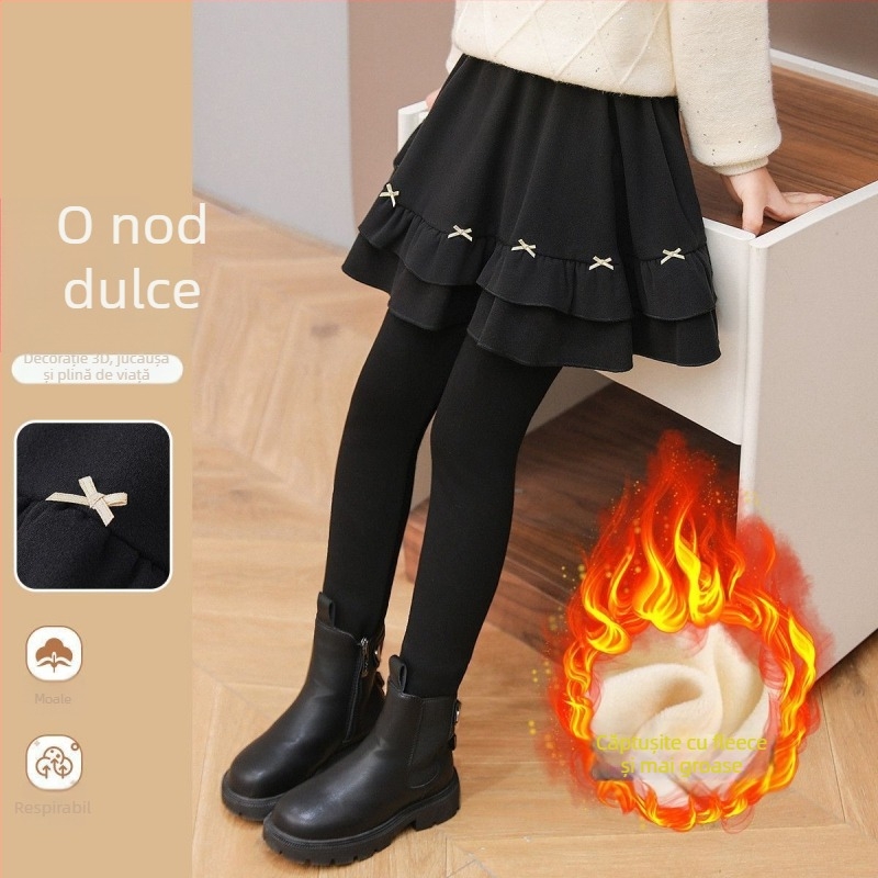 Pantaloni-fustă pentru fetițe, cu fleece, pentru iarnă, design dublu imitativ, material bumbac, talie elastică medie