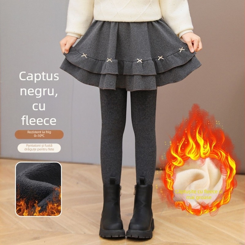 Pantaloni-fustă pentru fetițe, cu fleece, pentru iarnă, design dublu imitativ, material bumbac, talie elastică medie