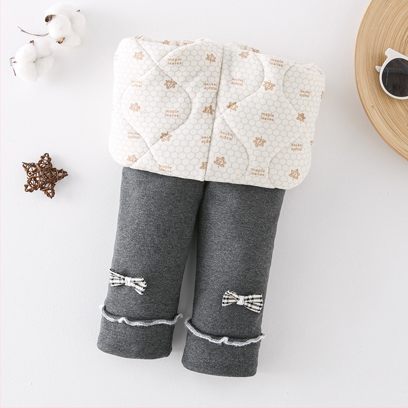 Pantaloni de iarnă din bumbac pentru fetițe, căptușeală din fleece, talie înaltă, 95% bumbac, finisaj moale, culoare uni cu funda, pentru copii 3–8 ani