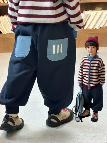 Pantaloni trening pentru băieți cu căptușeală din fleece, iarnă, stil coreean, material Ollie velvet, 62.8% bumbac / 37.2% poliester, talie medie cu curea elastică