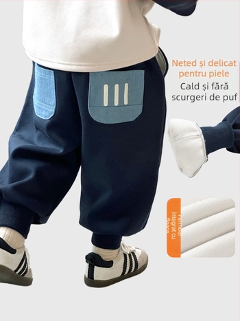 Pantaloni trening pentru băieți cu căptușeală din fleece, iarnă, stil coreean, material Ollie velvet, 62.8% bumbac / 37.2% poliester, talie medie cu curea elastică