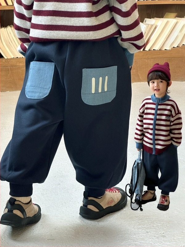 Pantaloni trening pentru băieți cu căptușeală din fleece, iarnă, stil coreean, material Ollie velvet, 62.8% bumbac / 37.2% poliester, talie medie cu curea elastică