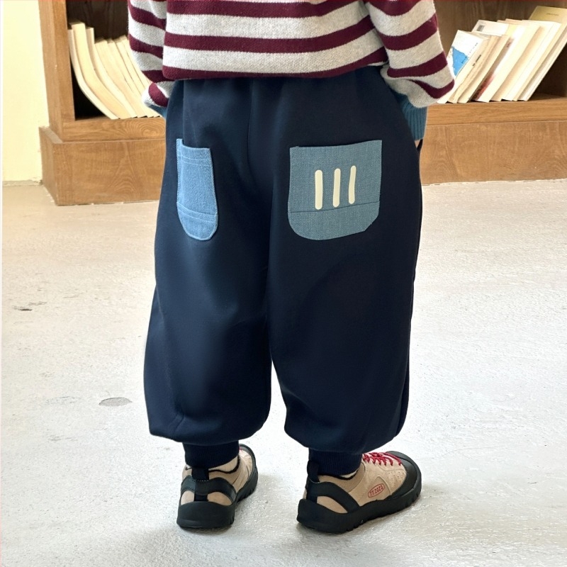 Pantaloni trening pentru băieți cu căptușeală din fleece, iarnă, stil coreean, material Ollie velvet, 62.8% bumbac / 37.2% poliester, talie medie cu curea elastică