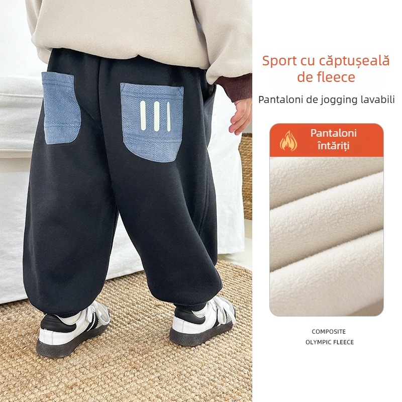 Pantaloni trening pentru băieți cu căptușeală din fleece, iarnă, stil coreean, material Ollie velvet, 62.8% bumbac / 37.2% poliester, talie medie cu curea elastică