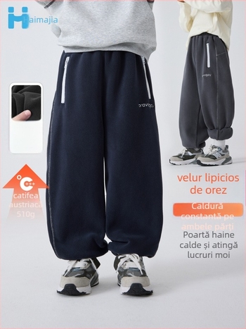 Pantaloni de iarnă pentru copii, stil coreean, poliester 95%, talie medie, culoare solidă, țesătură tratată moale, pentru copii peste 8 ani