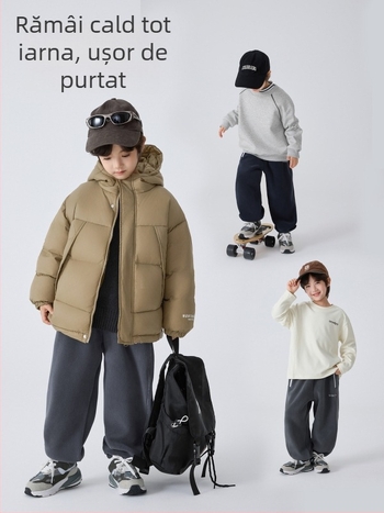 Pantaloni de iarnă pentru copii, stil coreean, poliester 95%, talie medie, culoare solidă, țesătură tratată moale, pentru copii peste 8 ani