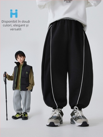 Haima's House Pantaloni de iarnă pentru băieți, stil coreean, țesătură terry, 60% bumbac, talie medie cu curea de cauciuc