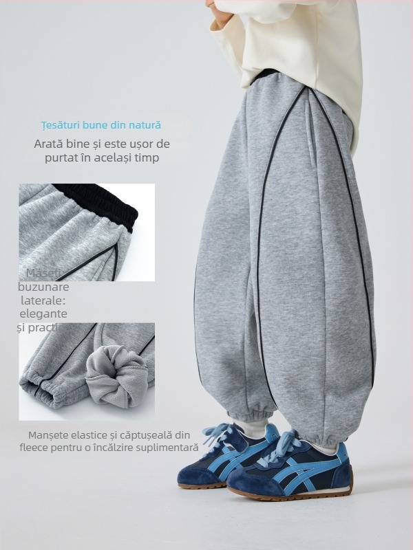 Haima's House Pantaloni de iarnă pentru băieți, stil coreean, țesătură terry, 60% bumbac, talie medie cu curea de cauciuc